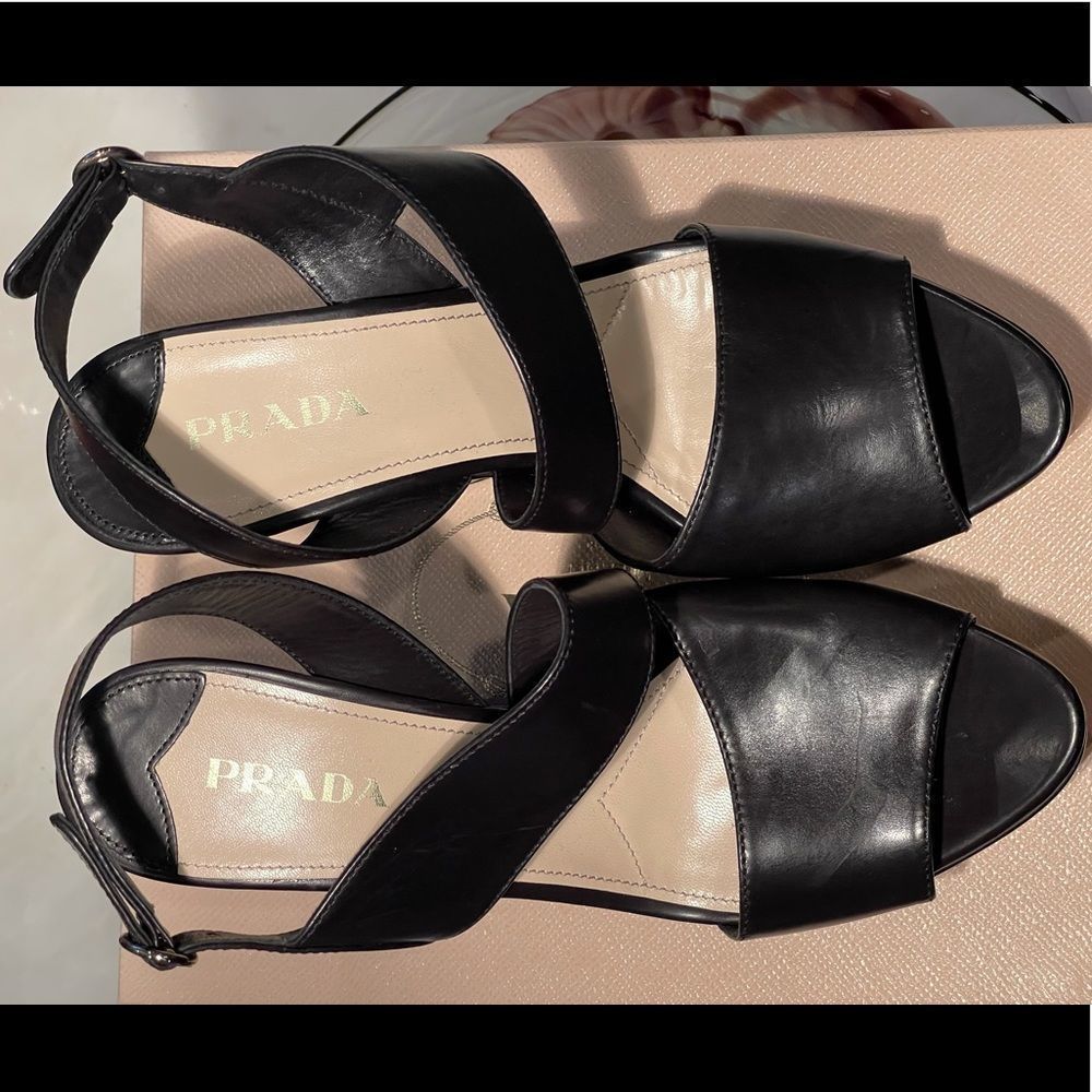 Prada Black Leather Asymmetrical Wedge Sandal 10 - Picture 5 of 9
